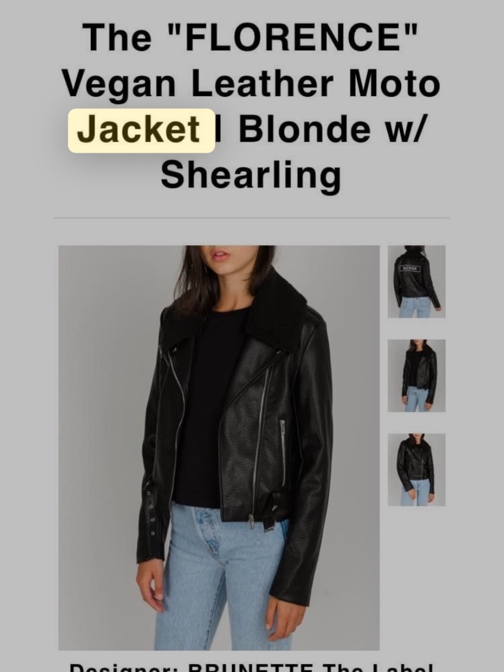 BRUNETTE The Label Black Vegan Leather Moto Jacket with Shearling Collar